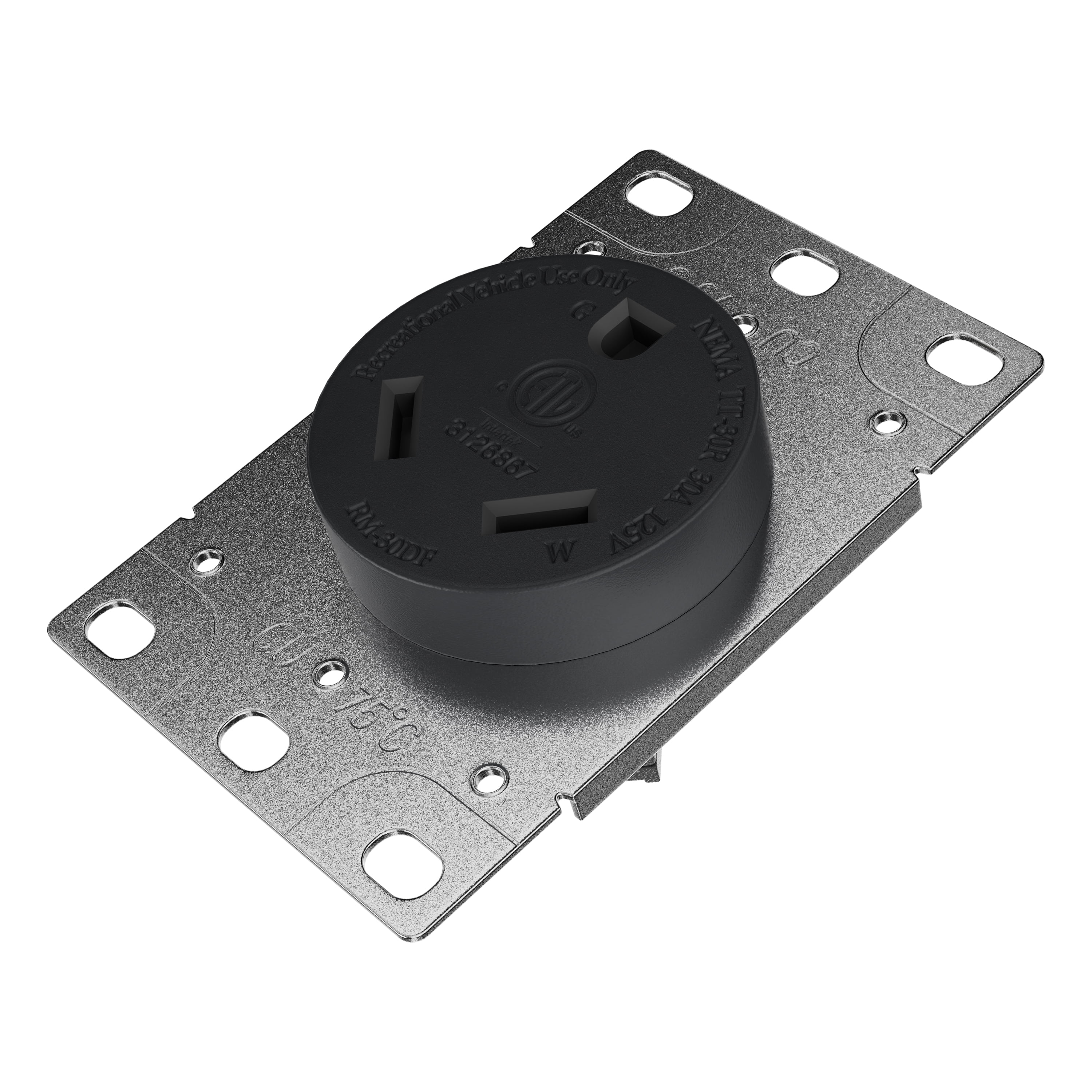 Leisure Cords RV 30 Amp, 125 Volt, NEMA Tt-30R, 2P, 3W Power Receptacle Flush Mounting Receptacle, Straight Blade, Industrial Grade, Grounding, Side Wired, Steel Strap, Black (30-Amp)