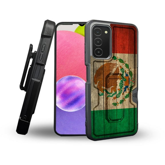 ANJ  Rugged Shockproof Holster Case Card Slot Kickstand   Tempered Glass Cover for Samsung Galaxy A03s - Mexican Flag on Wood