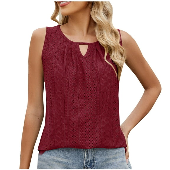 BLVB Womens Tank Tops Loose Casual Sleeveless Tee Shirts Keyhole Neck Trendy Summer Eyelet Tops Flowy Clothes Outfits