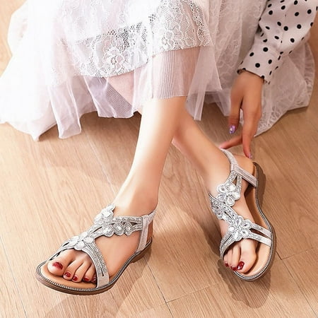 

LIANGP Women s Sandals Wedge Size Rhinestone Fashion Plus Ladies Comfortable Flower Summer Sandals Women s Sandals Shoes Silver Size 8.5