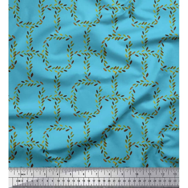 Soimoi Blue Rayon Crepe Fabric Leaves & Geometric Print Sewing Fabric Yard 46 Inch Wide