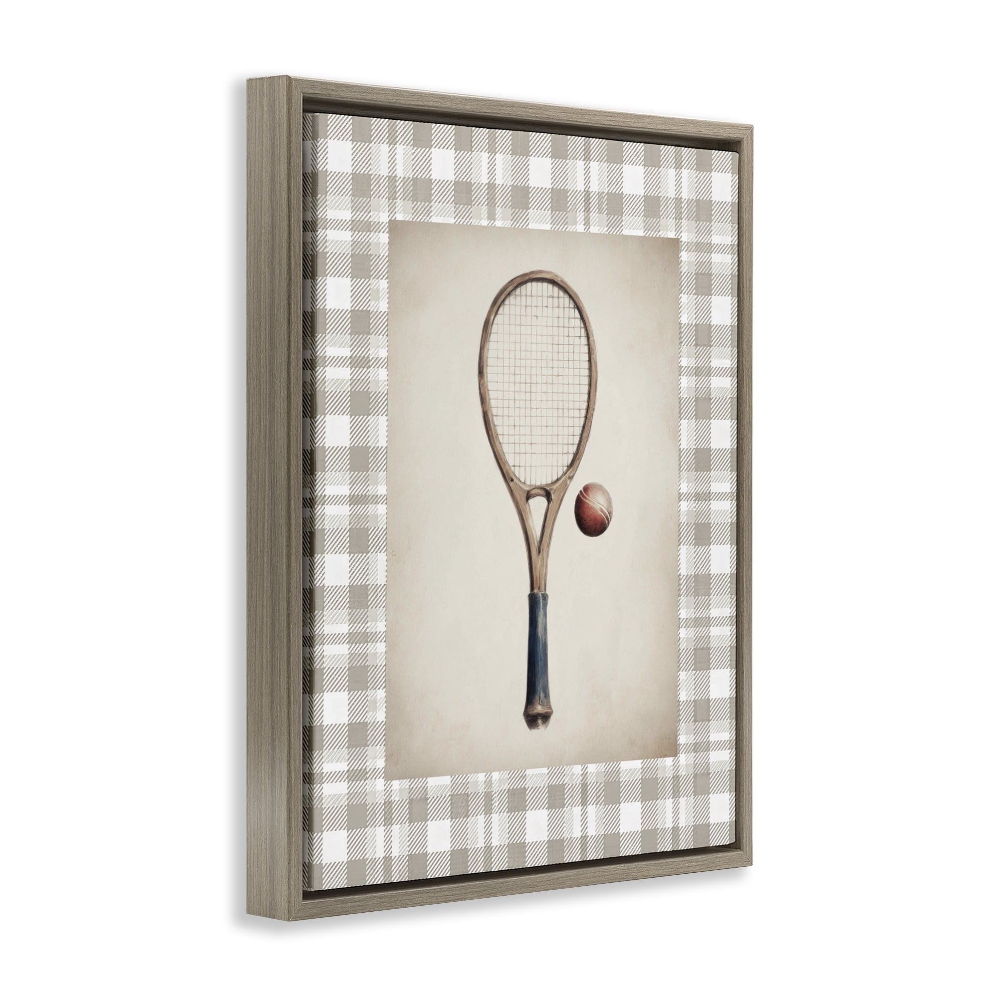 Stupell Industries Vintage Tennis Racket & Ball Brown Framed Floater Canvas Wall Art, design by Sisi and Seb