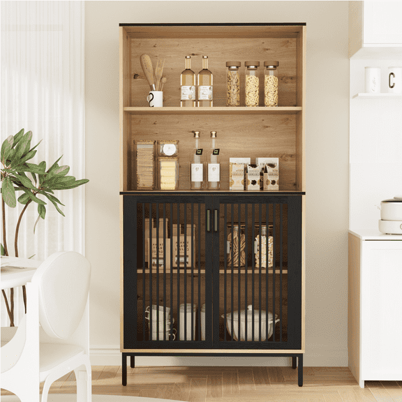 RichYa 61"H Tall Kitchen Pantry Cabinet with Ventilated Metal Grille Doors,Hutch Cabinets with Open Storage Shelves for Living Room,Bathroom,Black