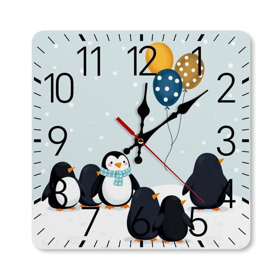 RKSupls 10×10inch Square Silent Wall Clock Wooden Frame, Penguins Balloons Snow Scale Decorative Clock for Home Bedroom Living Room Office
