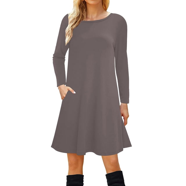 Vestido camiseta de manga larga para mujer: corte holgado informal, bolsillos, largo midi hasta la rodilla