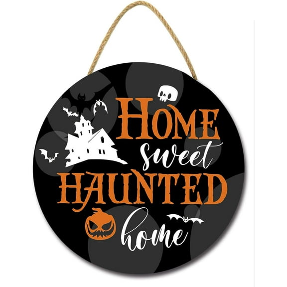 Eveokoki 12" Home Sweet Haunted Home Halloween Decoration Halloween Sign for Front Door Round Wood Sign Hanging Wreaths for Home Wall Decor Halloween Day Party Decoration Outdoor Indoor