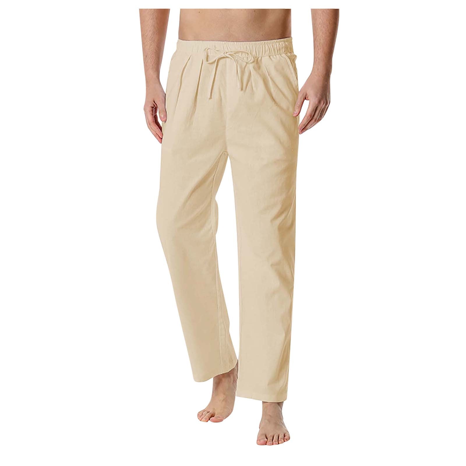 Men s Cotton Linen Pants Solid Elastic Waist Drawstring Straight Leg Pants Casual Baggy Lounge Trousers with Pockets