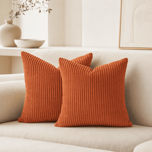 Throw Pillow Covers 18×18 2 Pack Striped Corduroy Decorative for Couch Living Room Bed Orange