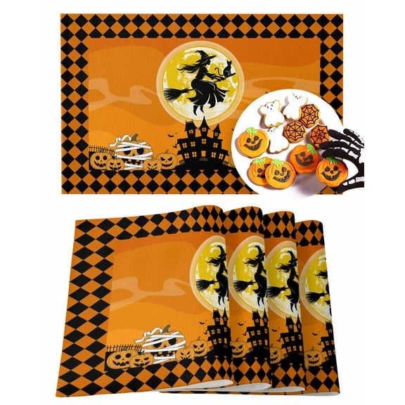 Halloween Placemats Set of 4 Pumpkin Black Cat Castle Place Mats Fall Placemat Witch Ridding Broom Orange Table Mats for Dining Kitchen Table Holiday Dinner Party Home Decorations 13x19 Inch
