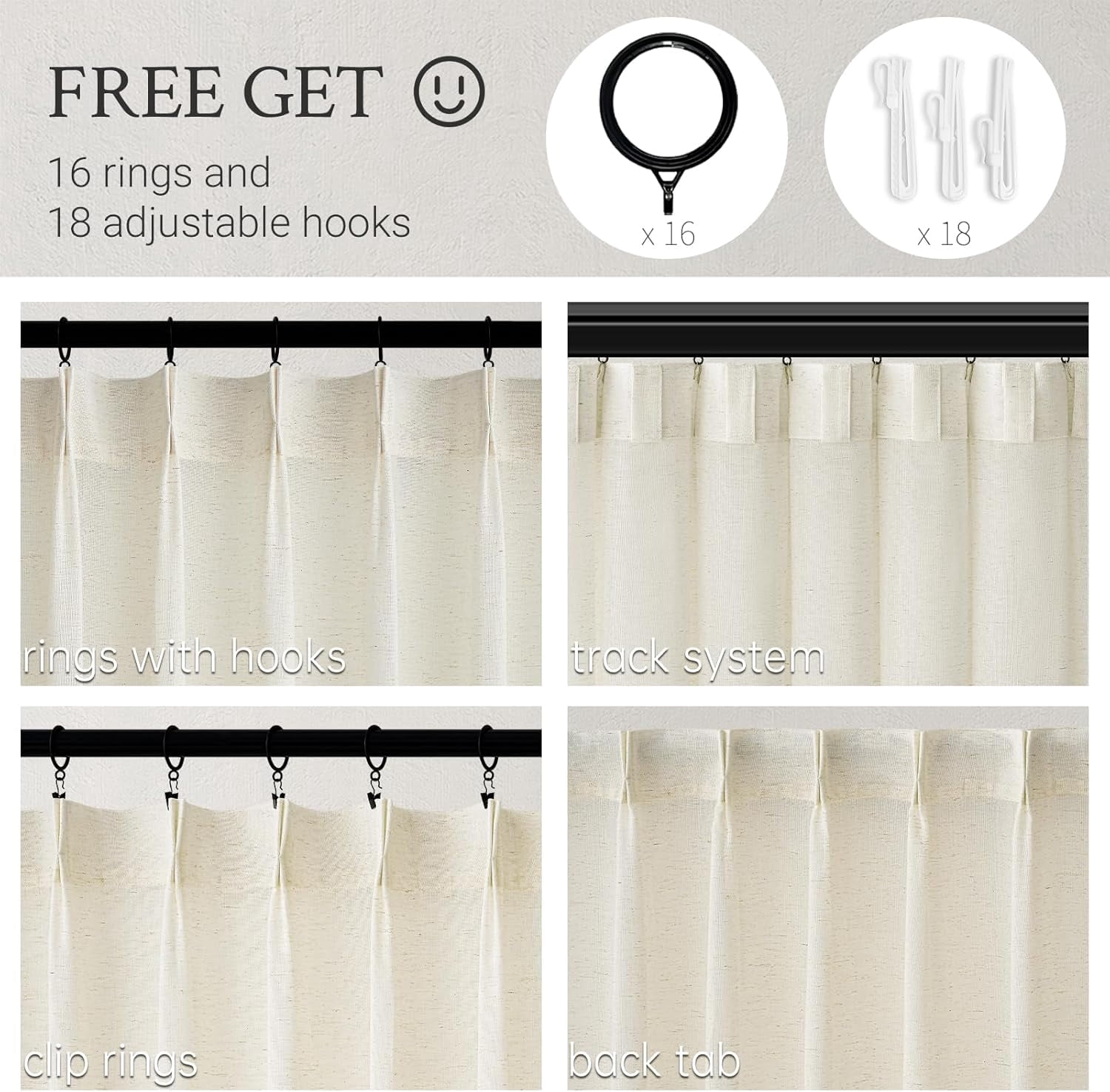 Pinch Pleated Curtains 90 Inches Long 2 Panels Set,Natural Cream Semi Sheer Cotton Blend Fabric Aesthetic Advanced Curtain Drapes for Living Room Bedroom,40x90 inch Length
