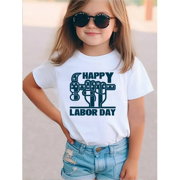Happy Labour Day! Cute Cartoon Labor T-Shirt for Girls - Black with White Text, Round Neck, Short Sleeve, Perfect Gift for Youngsters & Teens, Holiday Tshirt | Playful Design | Knitwear