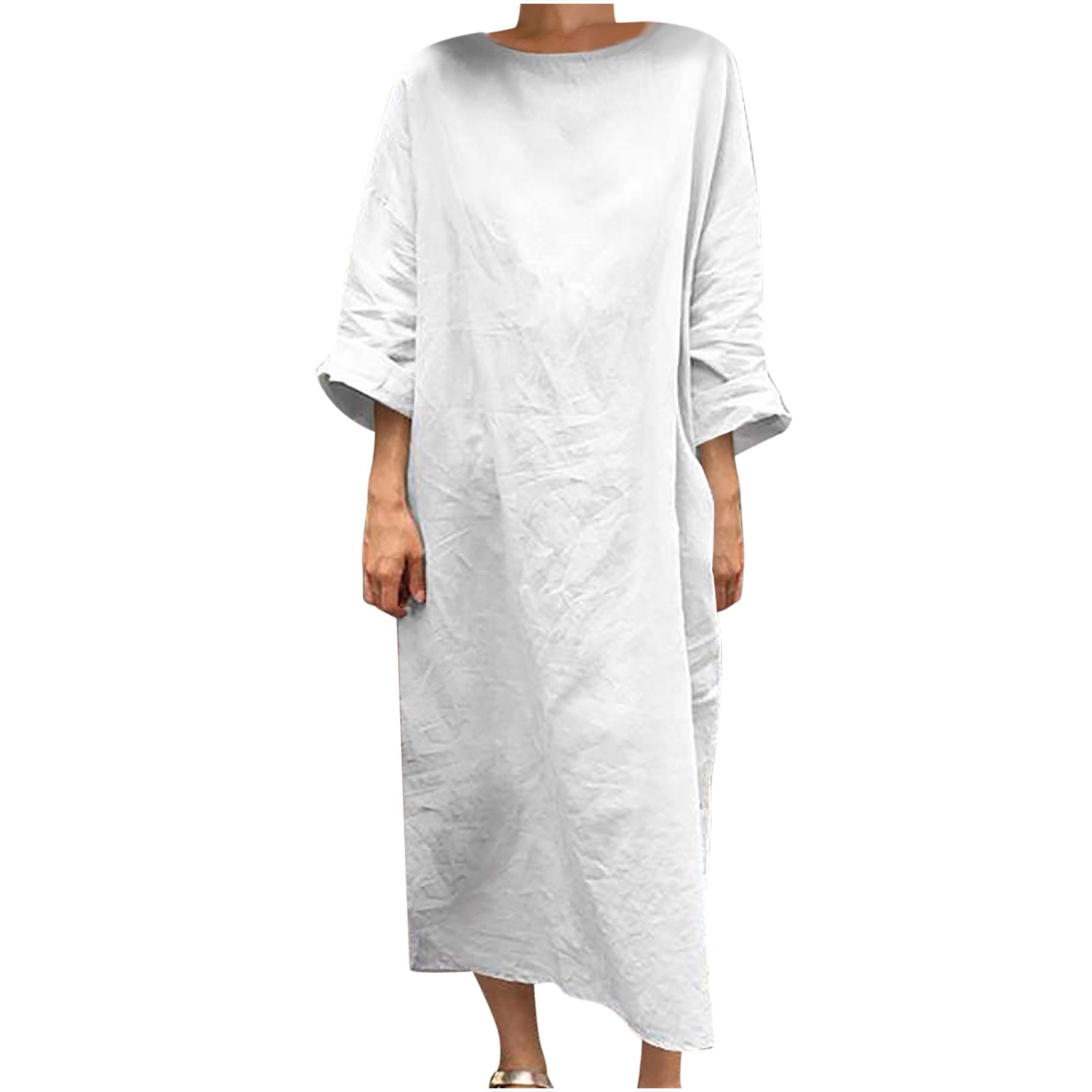 Linen Shift Dress for Women Summer Short Sleeve Loose Fit Comfy Baggy Crewneck Midi Dress Pockets Daily Chic Dresses 