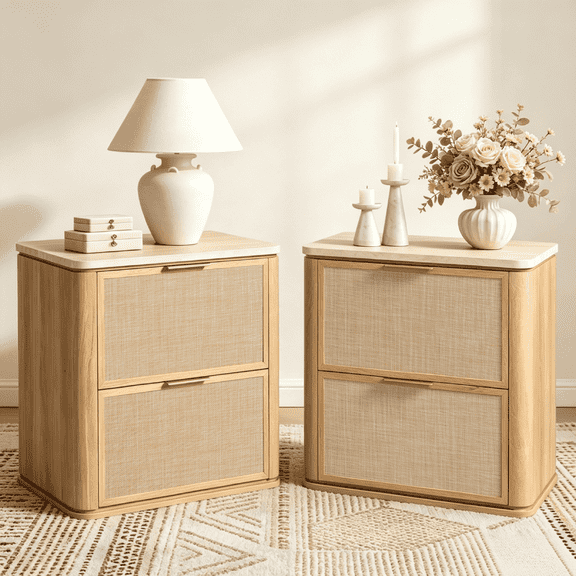 Vintagearth Nightstand Set of 2, 23.11" W Rattan Faux Marble Top Bedside Table, 1.97" ThickWood End Table, 2 Drawer Storage, Natural Oak