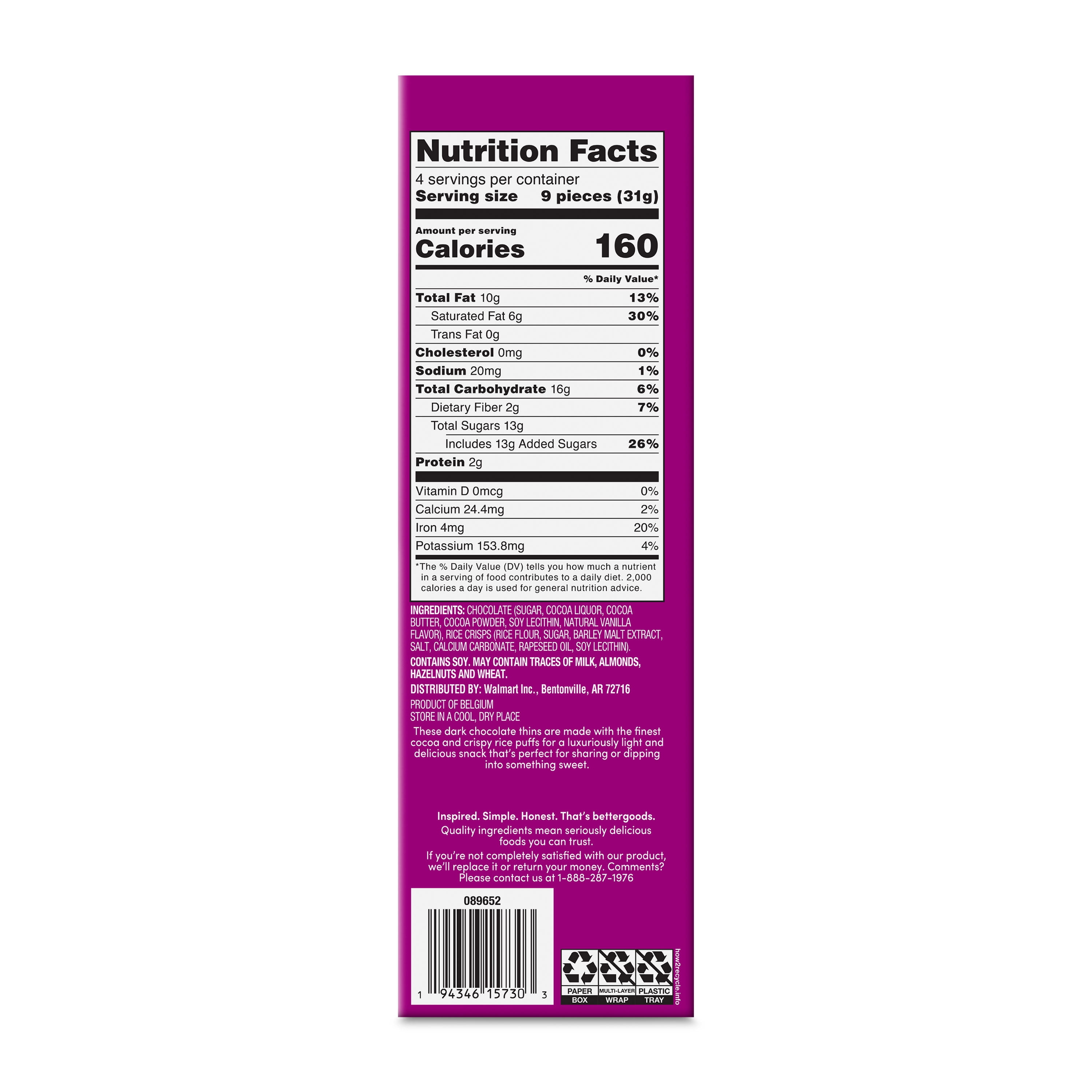 bettergoods Premium Belgian Dark Chocolate Thins with Crispy Rice Puffs, 4.4 oz