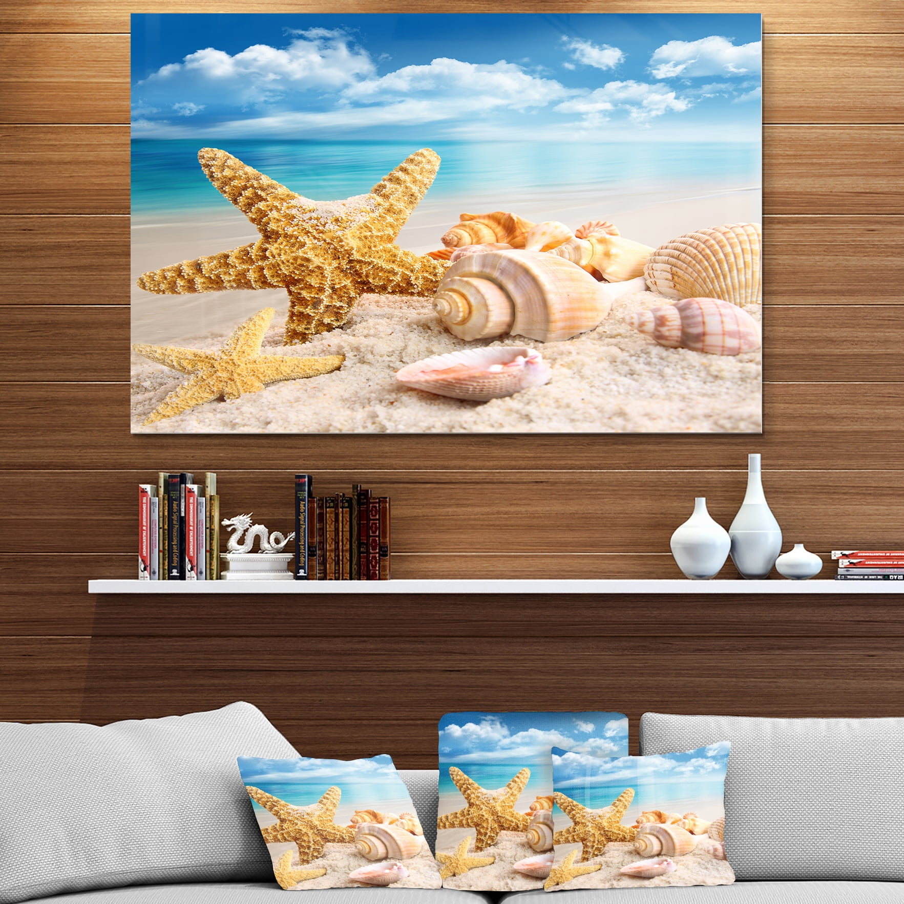 Starfish and Seashells on Beach 40.00" x 30.00" Photography Art Prints, by Designart