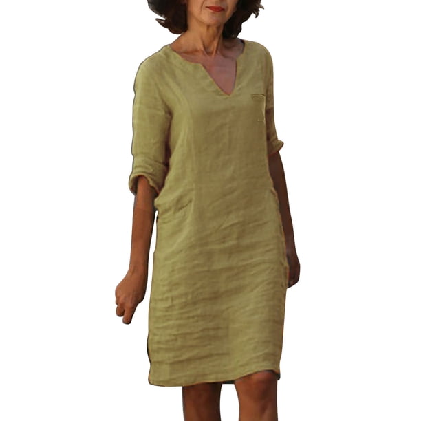 Mini vestido estampado con cuello en V y manga media para mujer - Algodón/lino, estilo informal/vacacional, primavera/otoño, lavado a mano/a máquina con programa delicado, tallas asiáticas reales