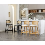 Guyou Rattan Counter Height Bar Stools Set of 2, Mid-Century Modern Wooden Farmhouse Bar Stools, Linen Upholstered Kitchen Island Barstools for Breakfast Bar Bistro, Beige