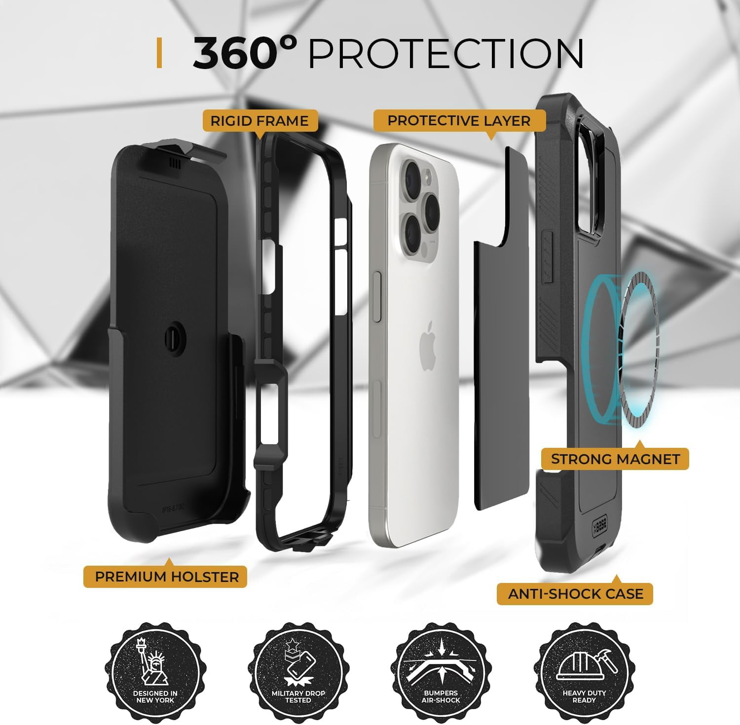 MOTIVE Designed for iPhone 16 Pro Max Case with Belt Clip, Magnetic Case Magsafe Compatible, Heavy Duty and Quad Layer Military Grade Protection for iPhone 16 Pro Max Holster, 6.9" | Black
