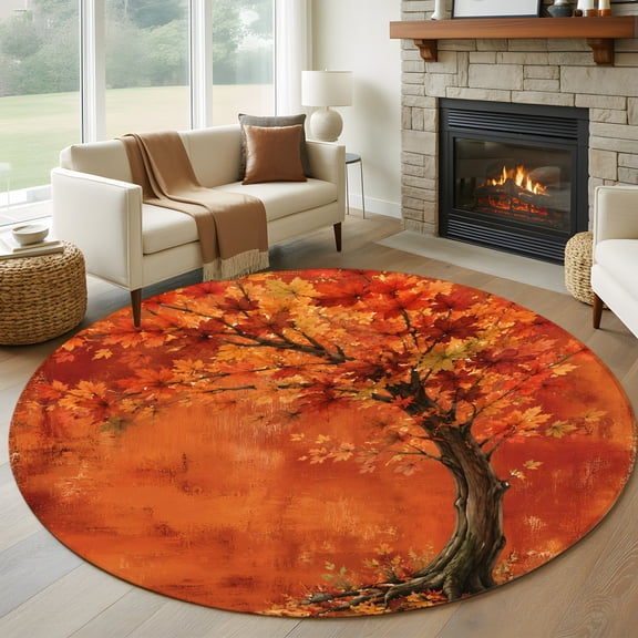 Orange Maple Trees Round Area Rug 5ft, Thanksgiving Fall Abstract Art Washable Non-Slip Circle Rugs for Bedroom Living Room Kitchen, Soft Low Pile Carpet for Dining Room Playroom Nursery