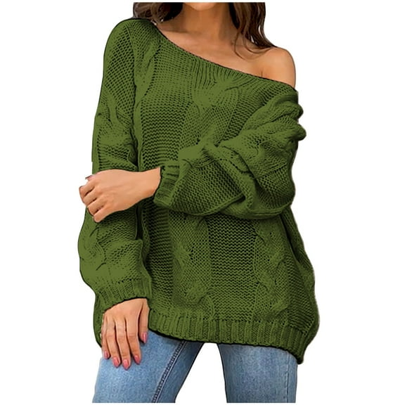 Lovskoo 2024 Sweaters for Women Long Sleeve Trendy Solid Color Plus-Size Loose Round Neck Pullover Olive Green