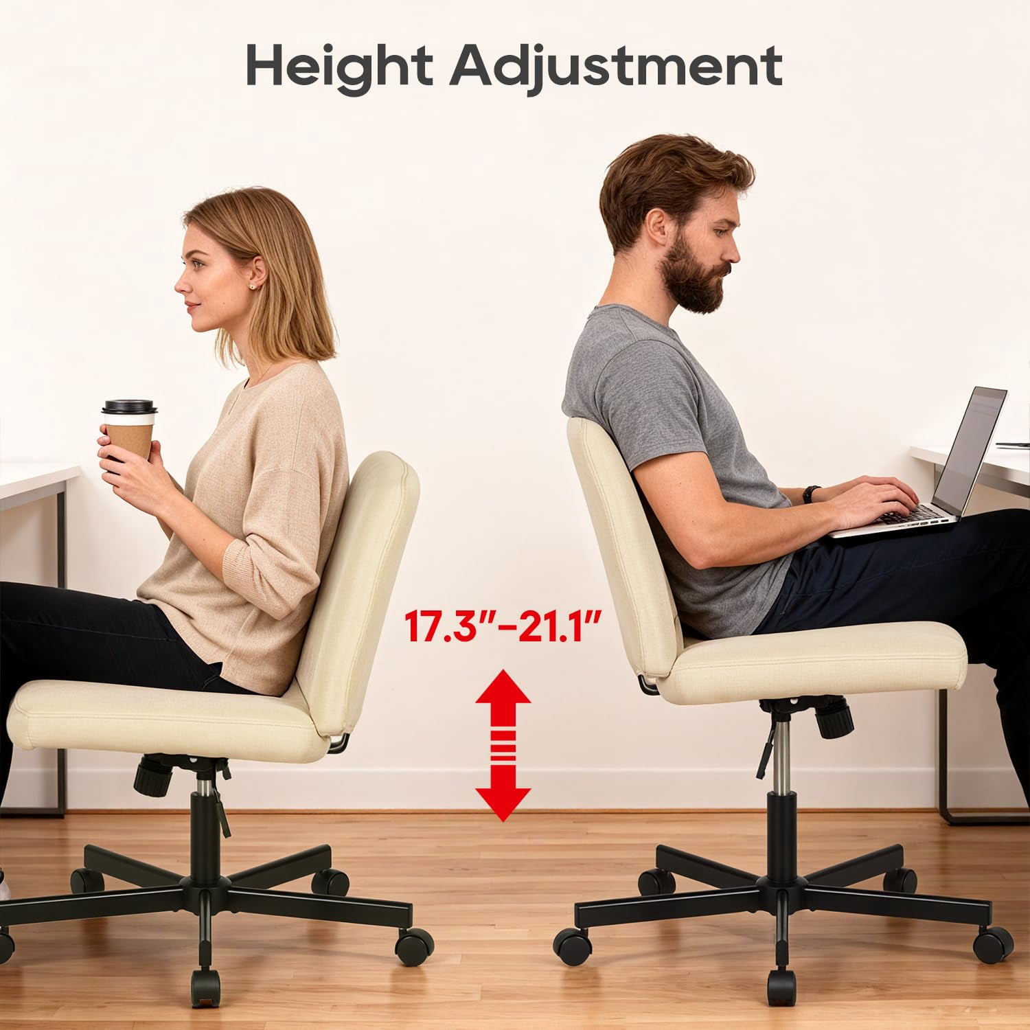 NiamVelo Vanity Chair with Wheels Criss Cross Chair Wide Desk Chair Armless Office Chair Adjustable Swivel Chair for Home Office, 250LBS Weight （Beige）