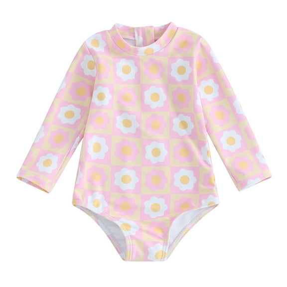 Aojekbee Baby Girl Swimsuit Long Sleeve Round Neck Flower Print Zip Up Bathing Suit Infant Toddler Beach Wear for Summer Spring