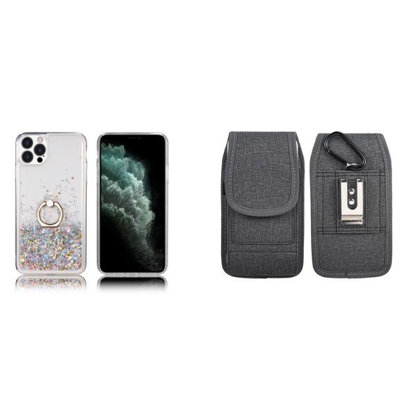 Waterfall Liquid Glitter Stand Case and Belt Holster Pouch for iPhone 14 Pro (Silver/Gray)
