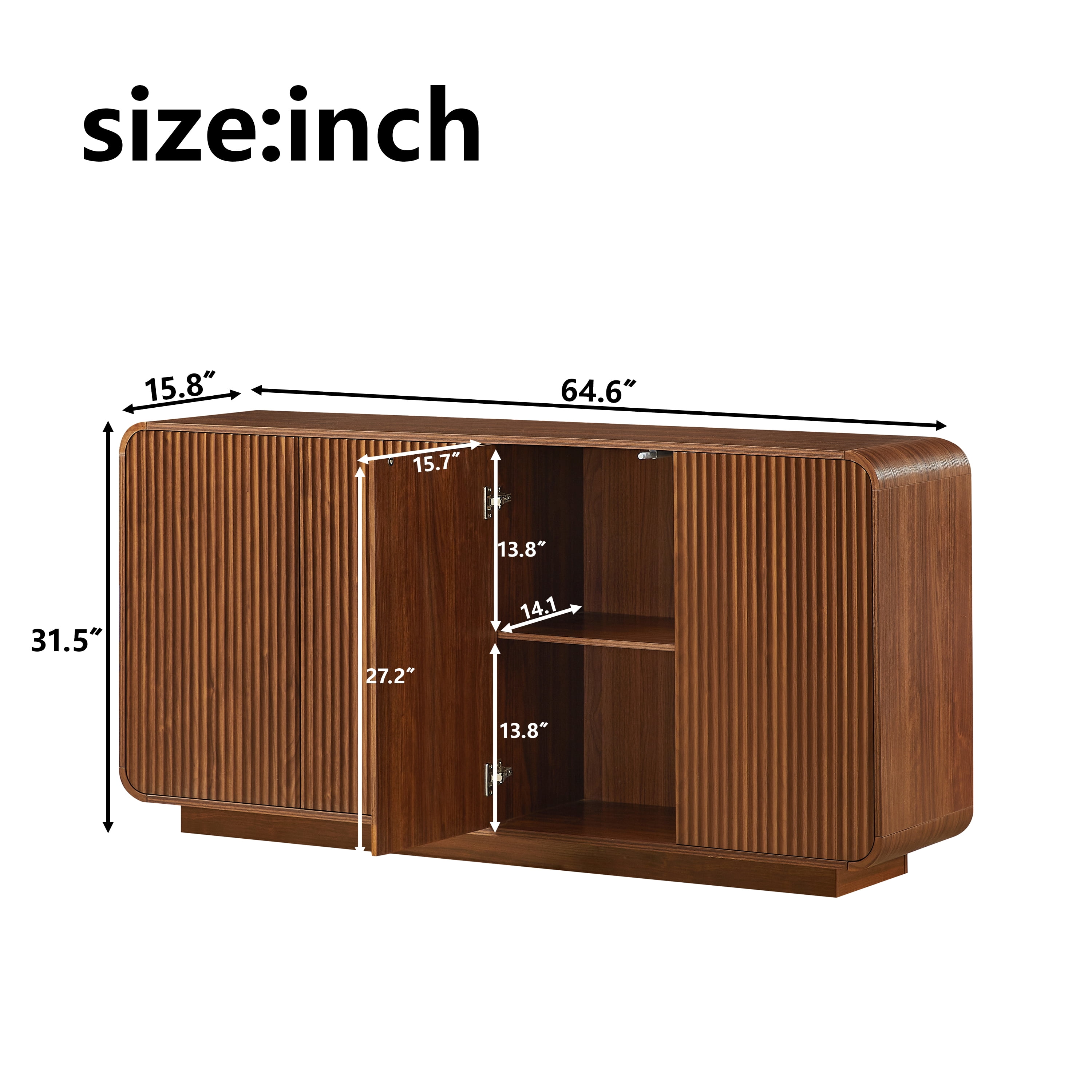 64" Buffet Sideboard Cabinet with Storage,Modern Vertical Fluted Entryway Cabinet, Waterproof & Scratch Resistant Storage Sideboard Cabinet, Ideal for Living Room, Kitchen, Dining Room,Walnut