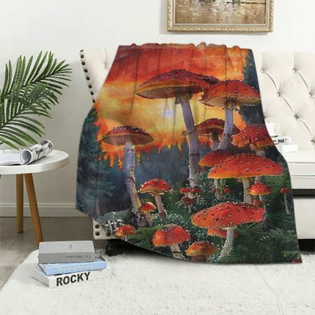 BCIIG Mushroom Throw Blanket, Mushrooms Magic Place Imaginary Clouds Clipart Leaves Poppies Spellbound, Flannel Fleece Accent Piece Soft Couch Cover for Adults 40x50in
