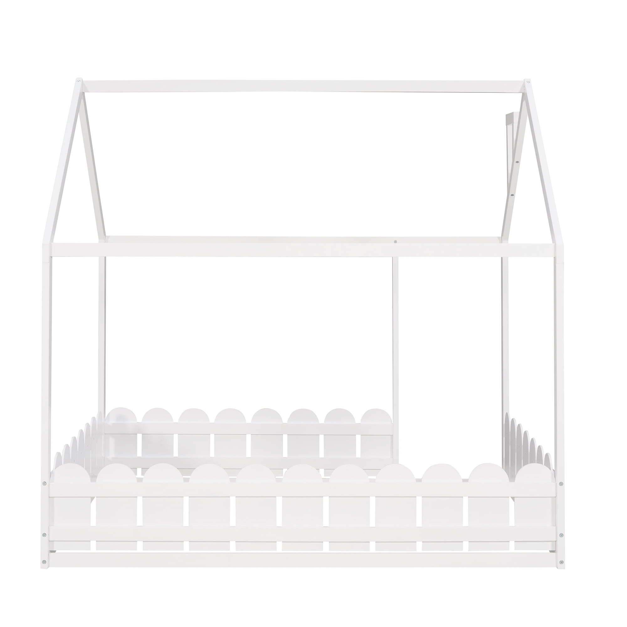 Gewnee Full Size Montessori Bed with Fence, Kids Wood House Bed Frame,White