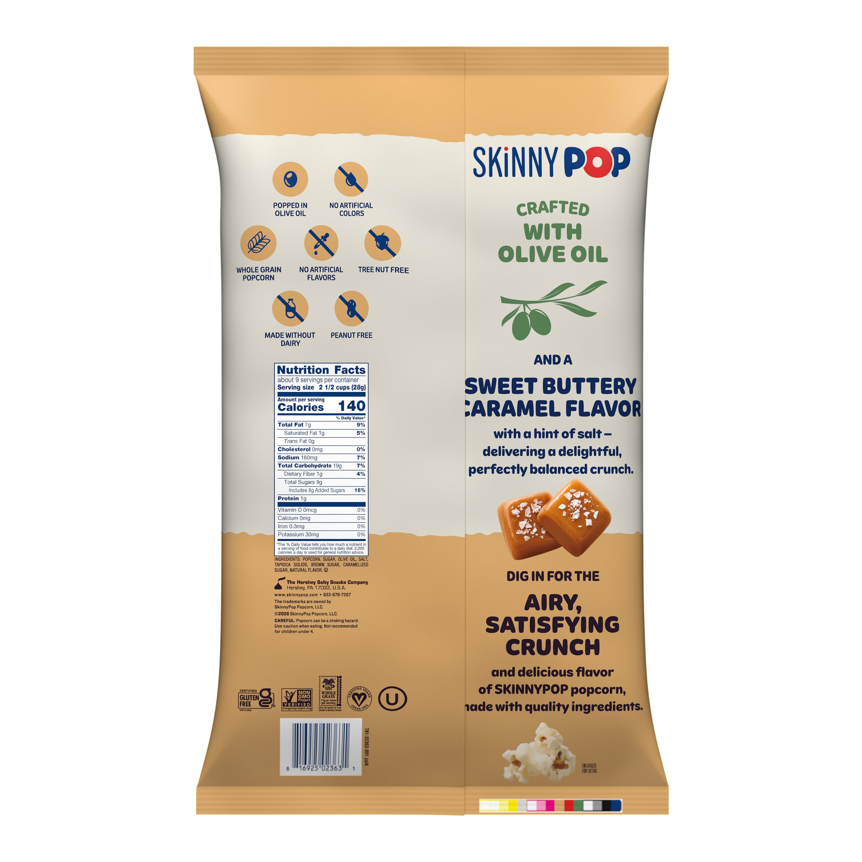 SKINNYPOP Salted Caramel Popcorn, Made with Olive Oil, Gluten and Seed Oil Free, 8.7 oz Popcorn Bag