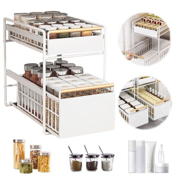 Xinyuert Under Sink Organizer 2-Tier Metal Spice Storage Rack White Sliding Drawers Shelves with Handle for Kitchen Bathroom Closet Pantry Cabinet 15 inches-H