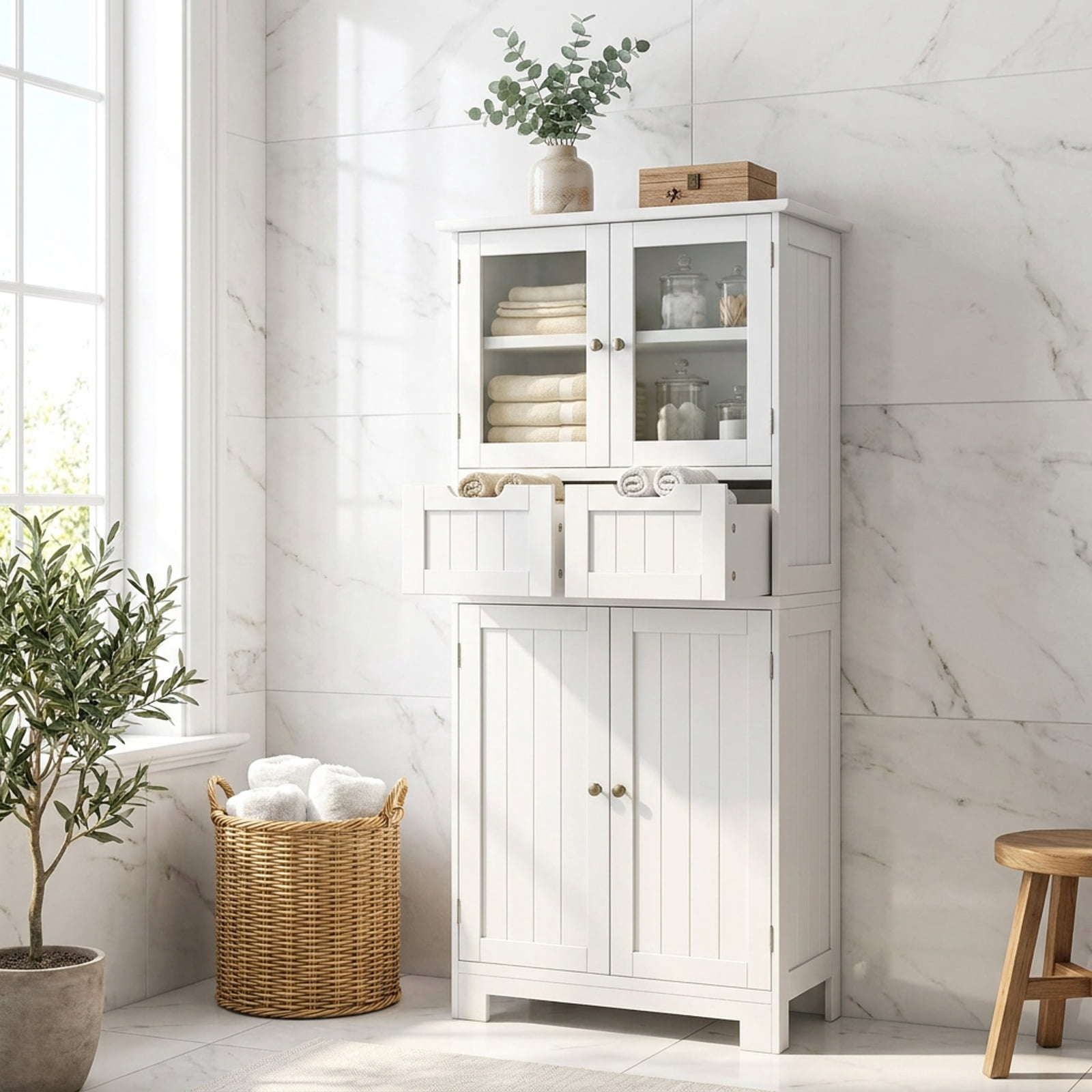 Vebreda Freestanding Bathroom Storage Cabinet, 4 Door Freestanding Bathroom Floor Storage Cabinet with 2 Drawers and Glass Doors