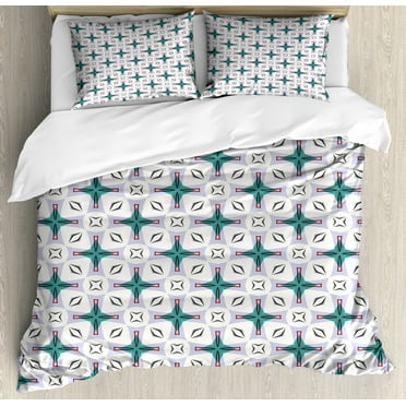 Modern Queen Size Duvet Cover Set, Abstract Composition of Geometrical Shapes in Pastel Colors Contemporary Design, Decorative 3 Piece Bedding Set with 2 Pillow Shams, Multicolor, by Ambesonne