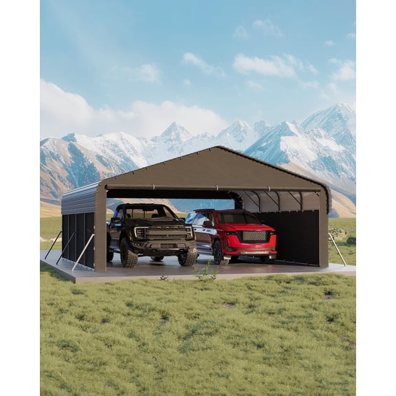 20'x20'x10' Enclosed Metal Carport for 2 Cars - Heavy-Duty Steel Frame, 220g Tarp, All-Weather Vehicle Shelter for Full-Size Pickup Trucks, Boats & Tractors - Gray