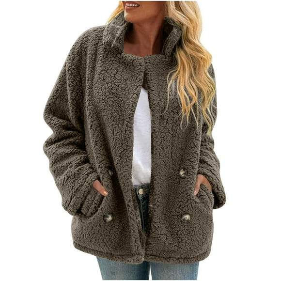 Gpaecead Women's Fleece Teddy Coat, Long Sleeve Stand Collar Button Down Jacket With Pockets Brown