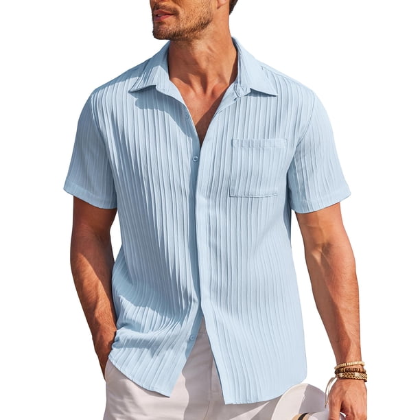 Sunloudy Camisa casual de verano para hombre, color sólido, plisada, manga corta, solapa, botones, casual Sunloudy moda