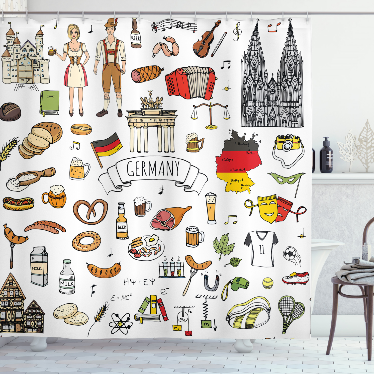 German Shower Curtain, Hand Drawn Doodle of German Culture Icons