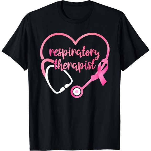 t-shirt Respiratory Therapist Stethoscope Pink Ribbon Breast Cancer T-Shirt mens,black,women,funny,journey,Crew Neck, Short Sleeve,custom clothing patterns.gift