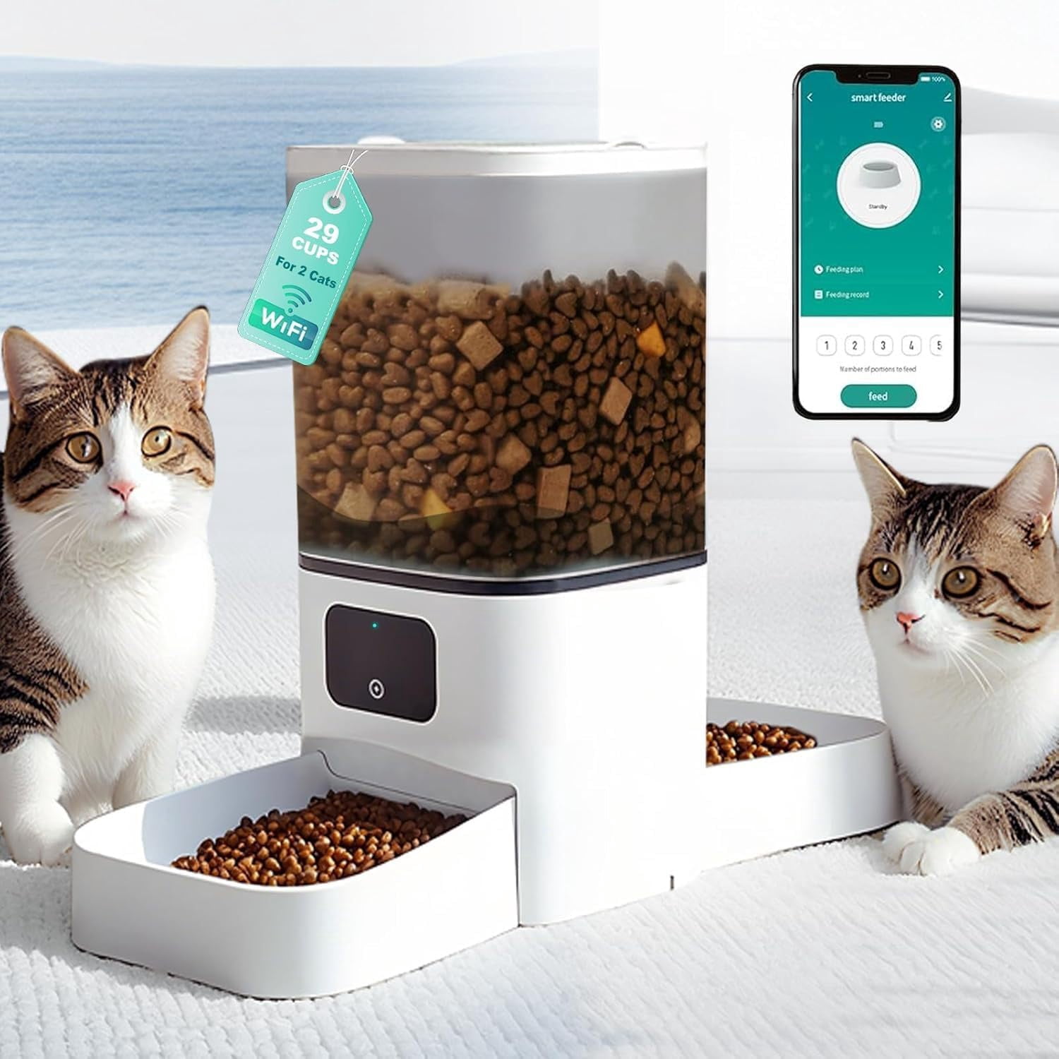 5G WiFi Automatic Feeder, Large Capacity 6L Timed Dry Food Dispenser for Cats and Dogs, APP Control & Anti-Clog Design for Multiple Pets