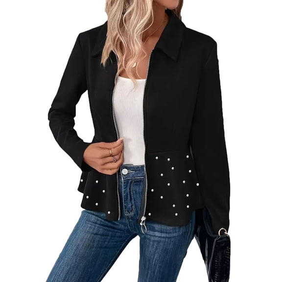 Women's Plus Size Heavy-Duty Beaded Jacket - Fashion Elegant Solid Color, Black, XXL