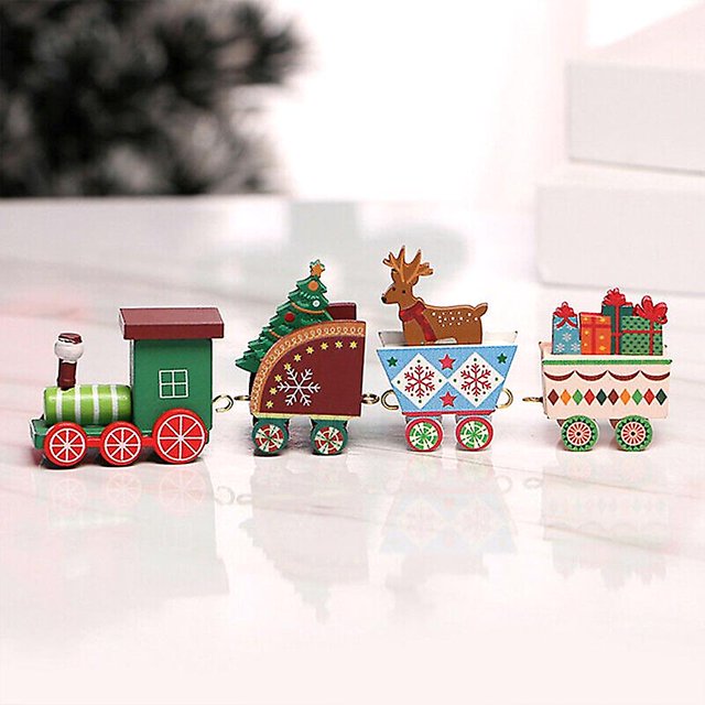 Tren de madera de Navidad 4 vagones Decoración de adorno de madera en miniatura festiva de Navidad