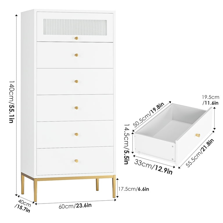 Homfa 6 Drawer White Dresser, Tall Chest of Drawers Storage Cabinet for  Bedroom Office Living Room