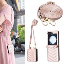 for Samsung Galaxy Z Flip 7 Case for Women Girls, Fashion PU Leather Slim Protective Cover with Wristband & Detachable Adjustable Crossbody Strap, Shockproof Durable Non-Slip Phone Cover - Rosegold