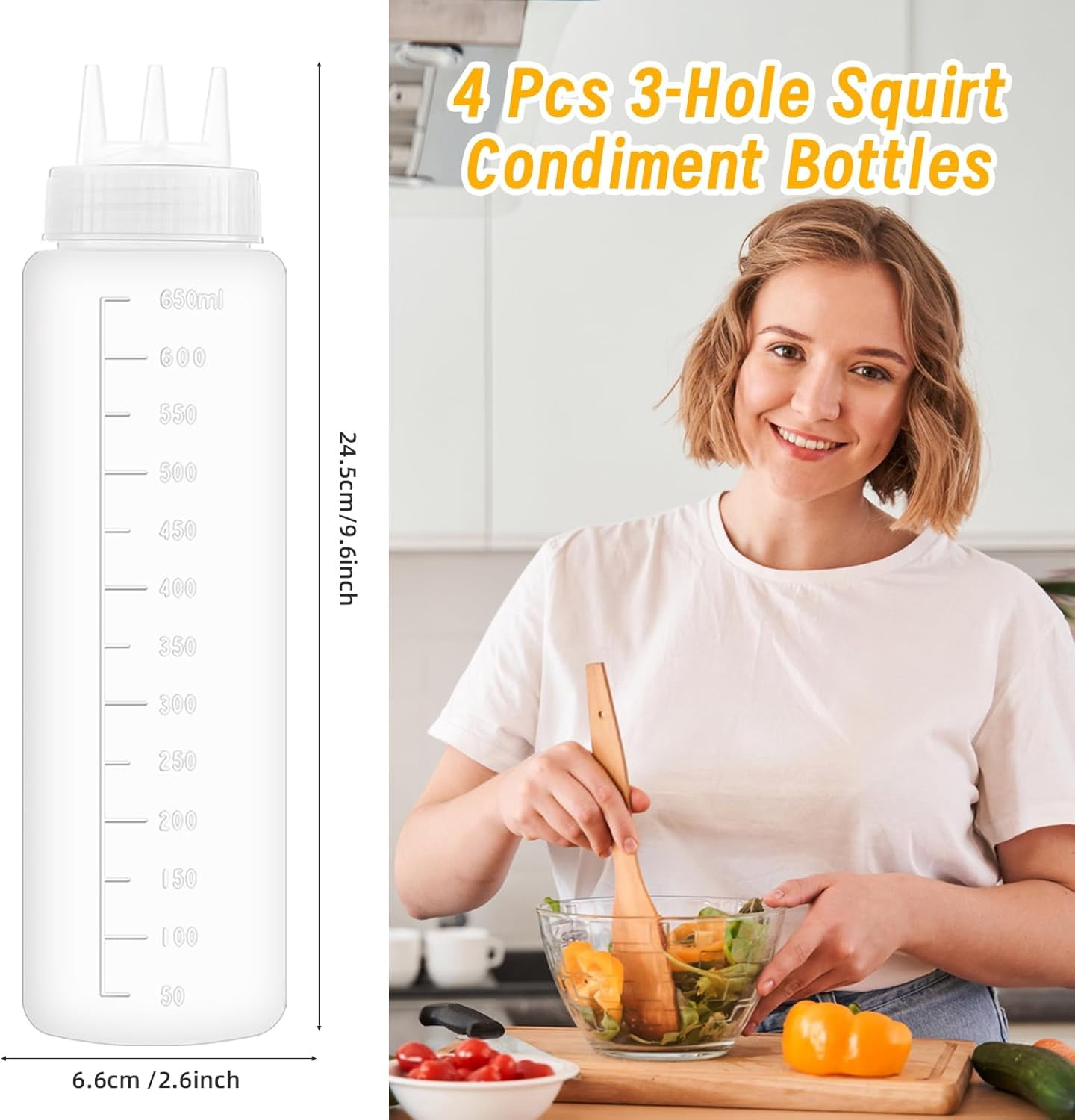 4-Pack 23oz Plastic Squeeze Bottles, Condiment Squirt Bottles Refillable Sauce Dispensers with 3-Hole Nozzle for Ketchup, Syrup, Dressing, Oil, Honey