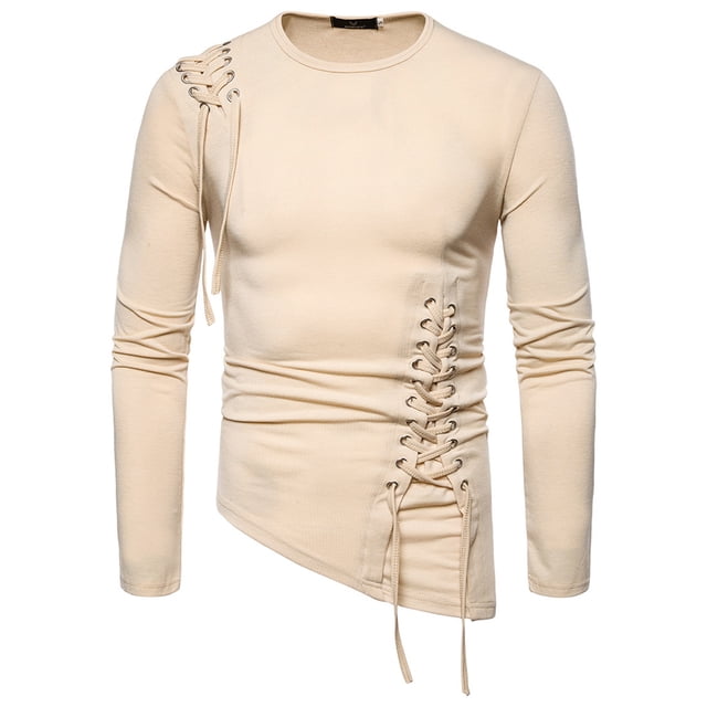Men's T-Shirts Aqestyerly Men's Solid Color Slim Irregular Hem Round Neck Long Sleeve Multi-Code