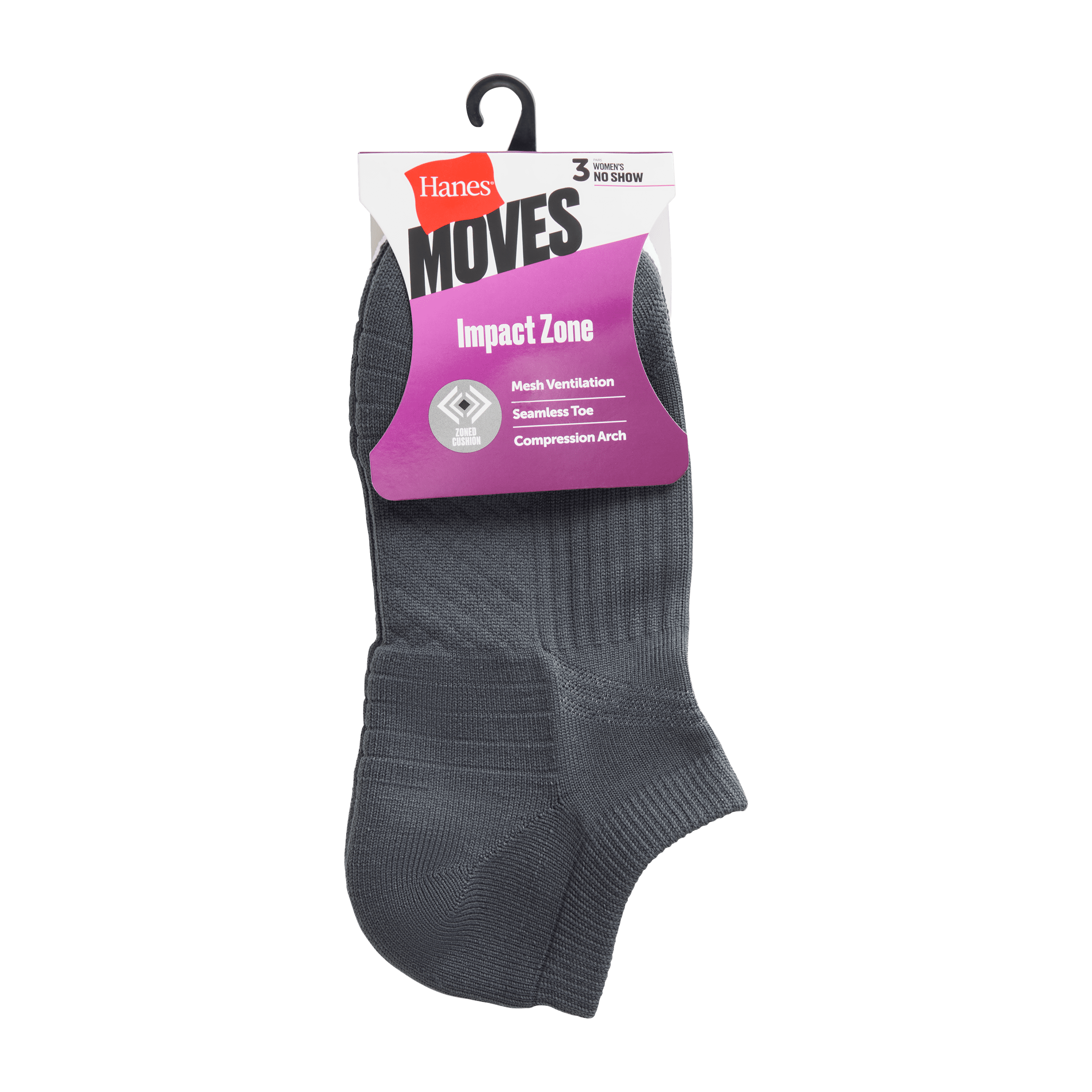 Hanes Womens No-Show Socks, 3 Pairs, Moves Impact Zone Cushioned Athletic Socks for Women