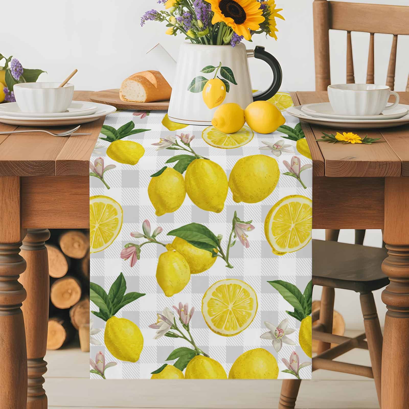 Summer Lemon Flower Leaves Table Runner 90 Inches Long, Grey White Plaid Lattice Table Runners Tabletop Scarf Kitchen Dining Tables Decoration for Home Party Indoor Outdoor