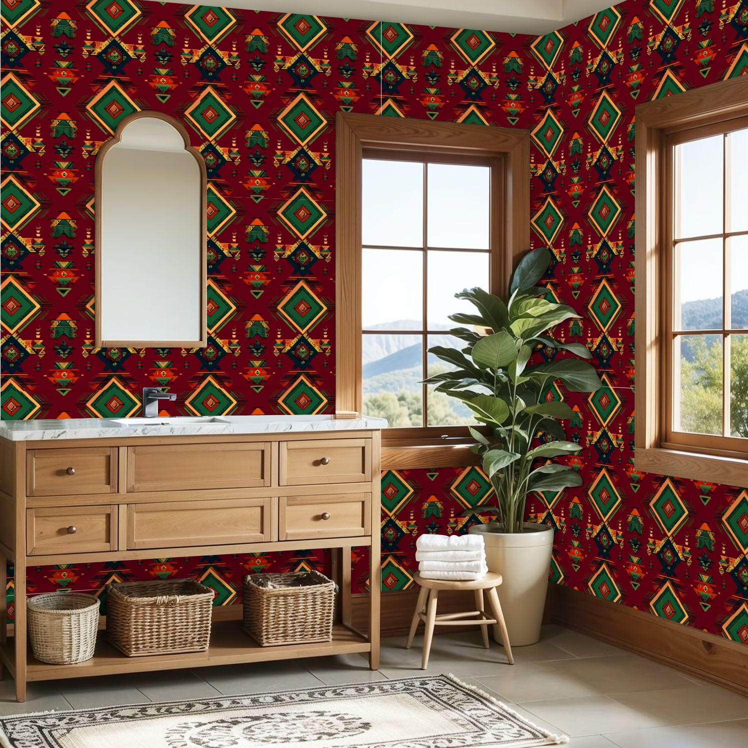 Peel and Stick Wallpaper Geometric Abstract Diamonds Triangles Bold Red Green Tone Wall Mural 23.6in x 9.8ft Self Adhesive Removable Wall Paper Renter Friendly Wallpaper for Nursery Bedroom Cabinets