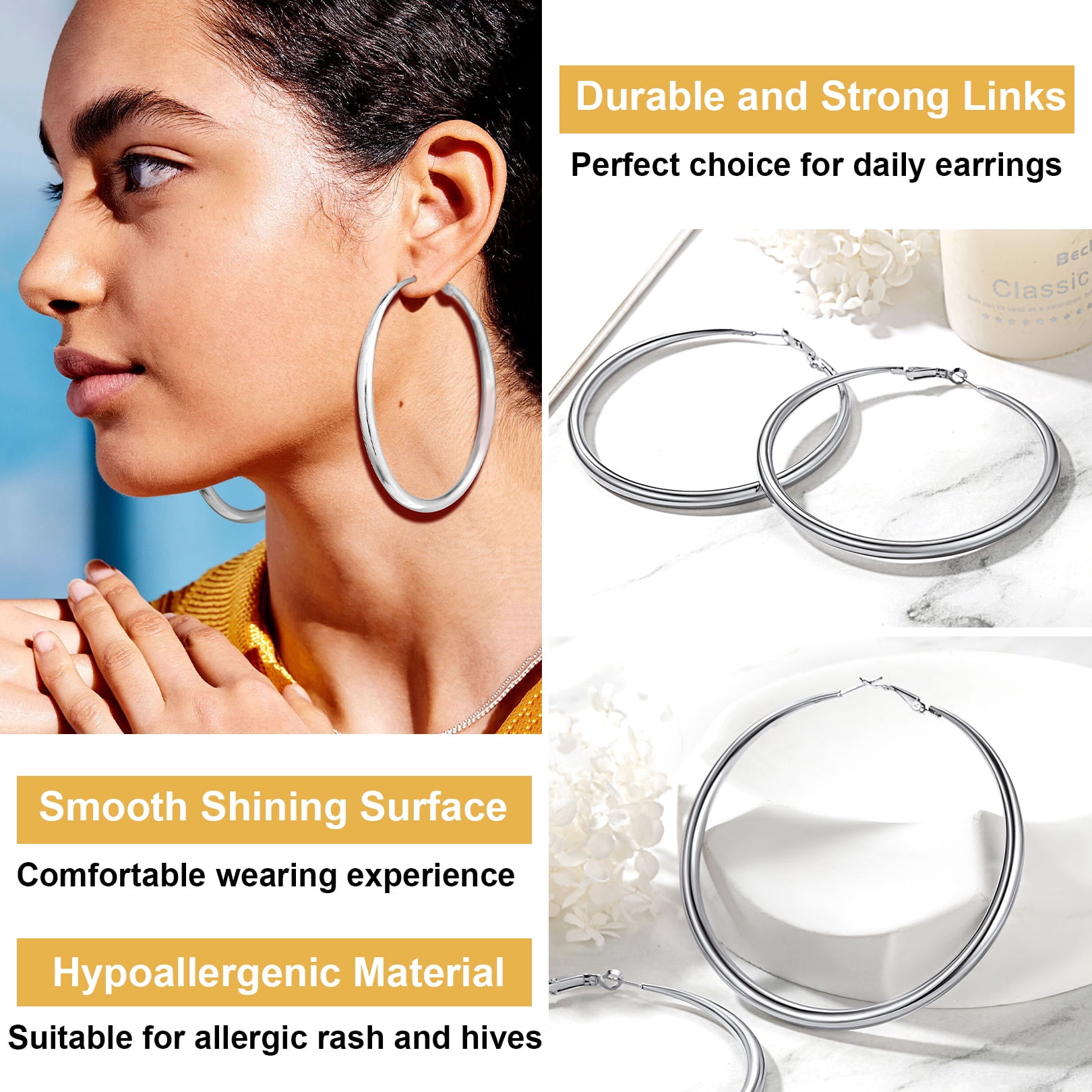 FOCALOOK Chunky Hoop Earrings for Women 316L Stainless Steel Hypoallergenic 5mm Thick Tube Large Circle Hoops 80mm